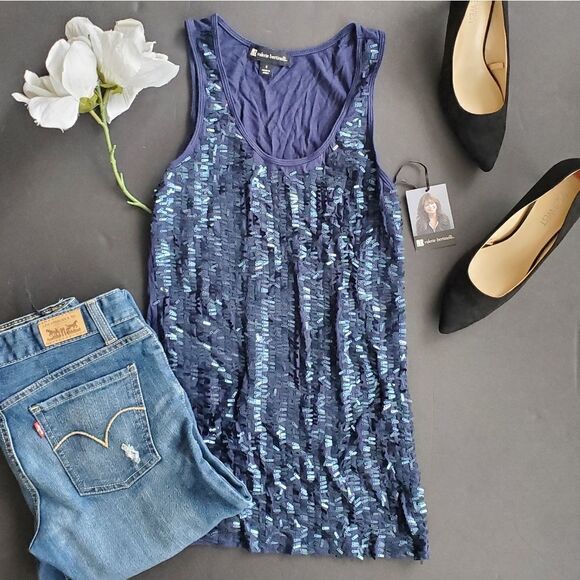 NWT Valerie Bertinelli Blue Sequin Tank Top - Picture 1 of 8